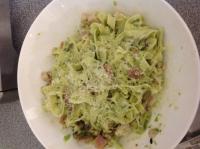 Spinach fettuccine with chicken bacon and mushroom creamy pesto.